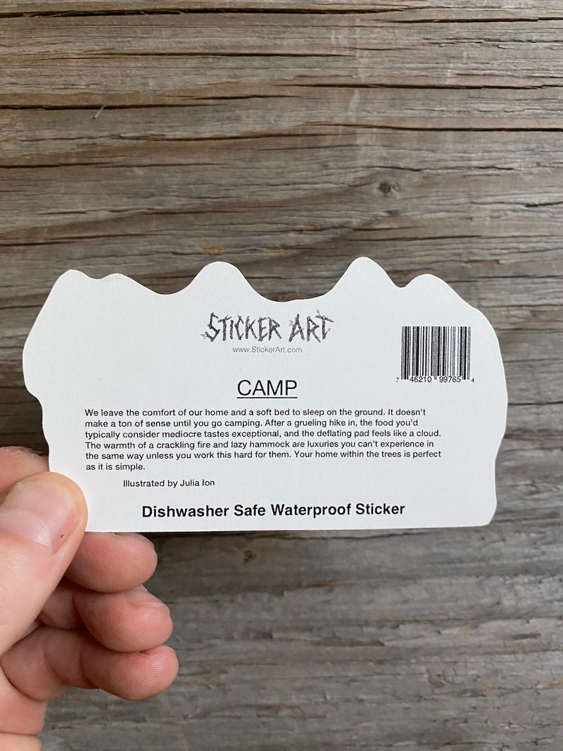 camping sticker back text